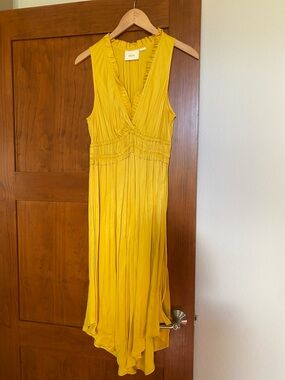 Maeve Mustard Yellow Ruffled V-Neck Midi Dress
